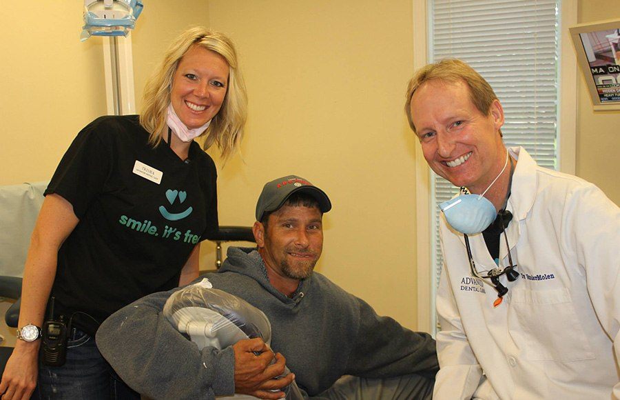 Dentist and team member treating patient