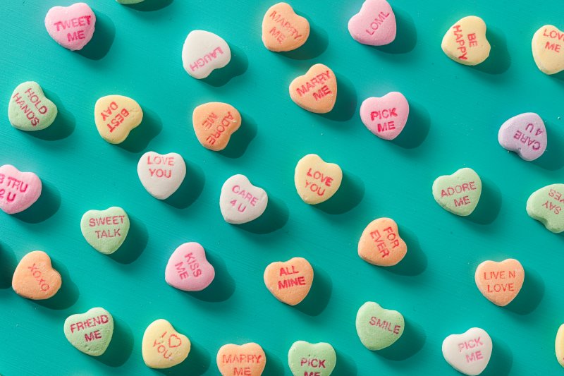 An assortment of candy Valentine’s Day hearts